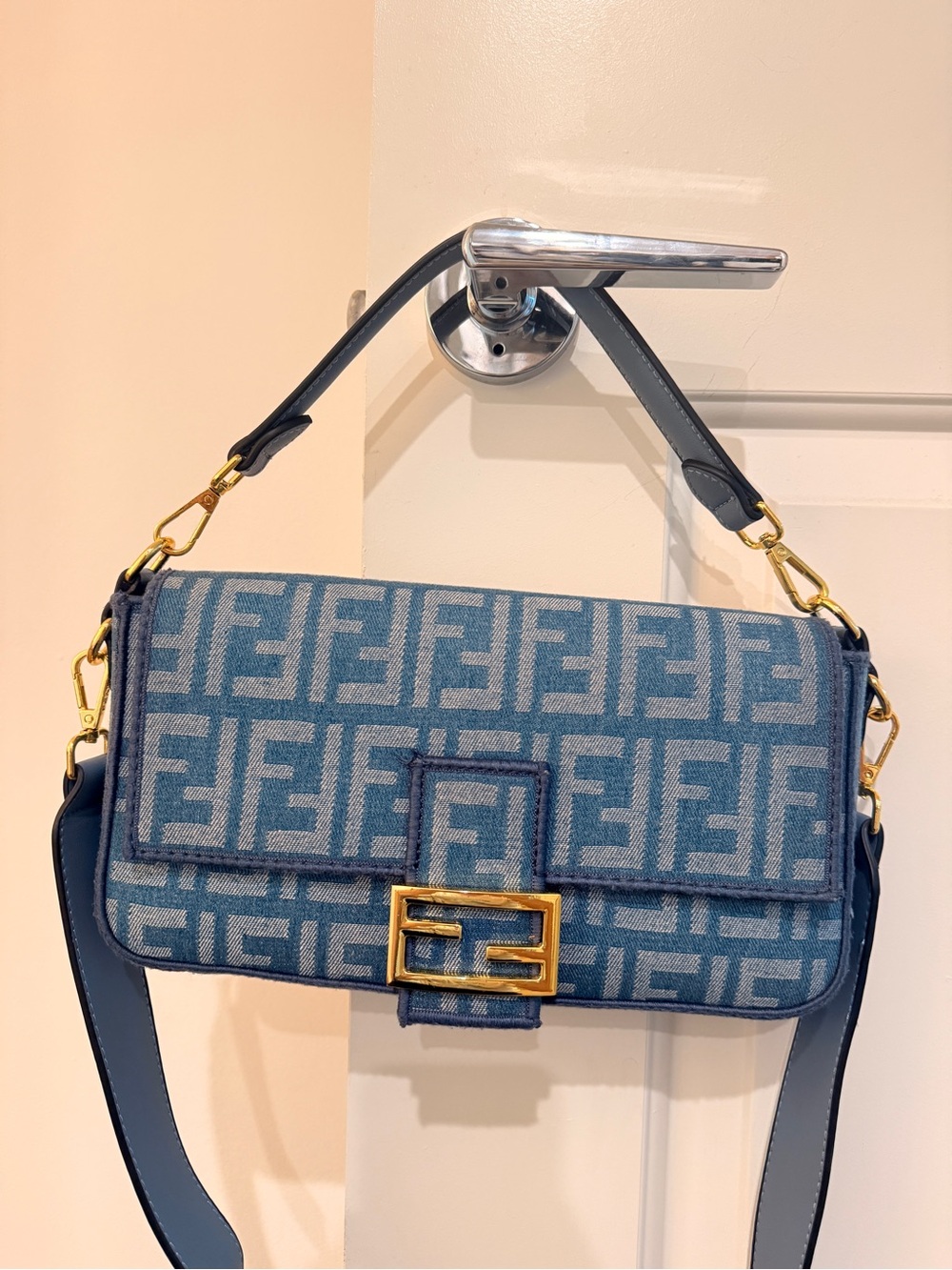 Fendi Blue FF Logo Shoulder Bag with Gold-Tone Buckle